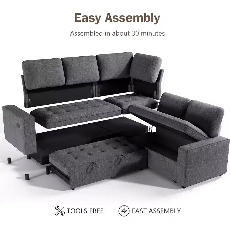 Dyonery 5 Seat L-Shaped Modular Sectional Sleeper Sofa Bed with Pull Out Bed/Reclining Backrest/USB/Storage Seat,Tool-Free Assembly