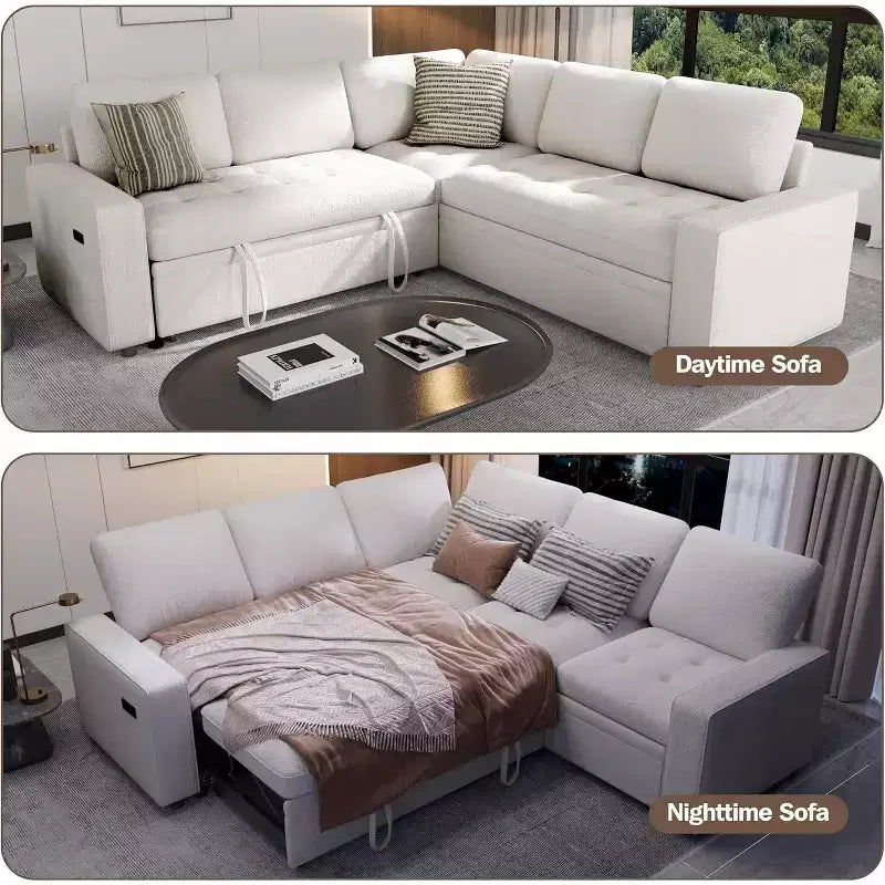 Dyonery 5 Seat L-Shaped Modular Sectional Sleeper Sofa Bed with Pull Out Bed/Reclining Backrest/USB/Storage Seat,Tool-Free Assembly