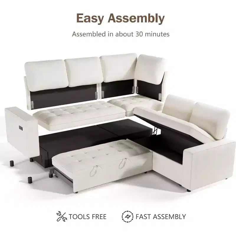 Dyonery 5 Seat L-Shaped Modular Sectional Sleeper Sofa Bed with Pull Out Bed/Reclining Backrest/USB/Storage Seat,Tool-Free Assembly