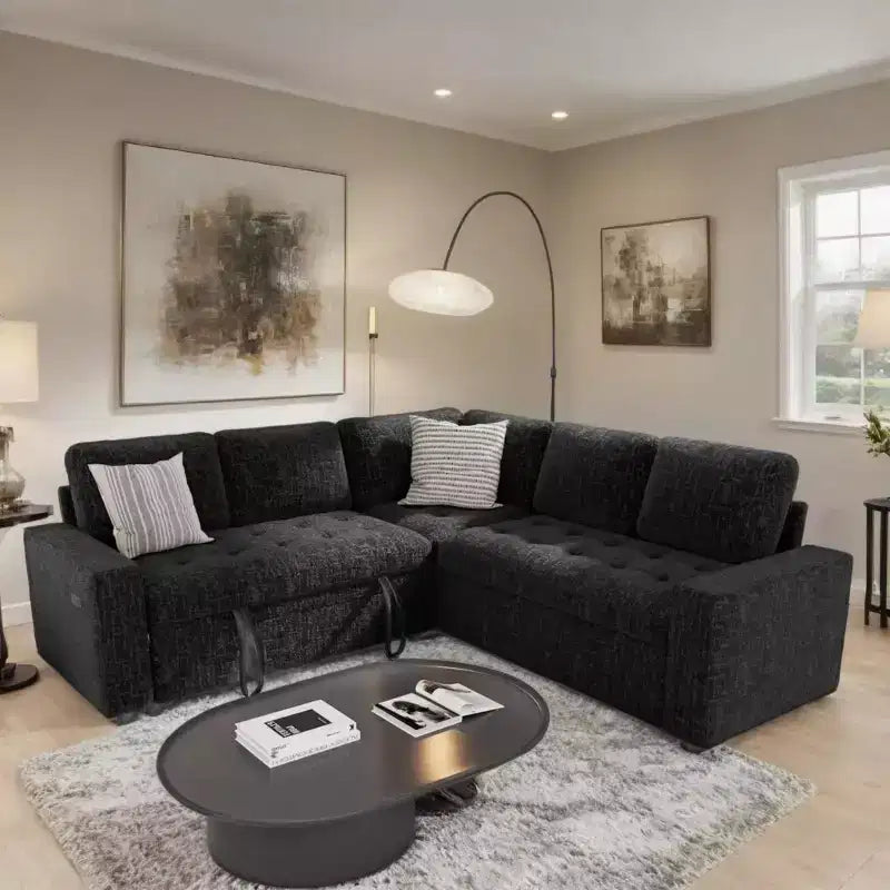 Dyonery 5 Seat L-Shaped Modular Sectional Sleeper Sofa Bed with Pull Out Bed/Reclining Backrest/USB/Storage Seat,Tool-Free Assembly
