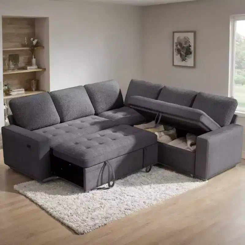 Dyonery 5 Seat L-Shaped Modular Sectional Sleeper Sofa Bed with Pull Out Bed/Reclining Backrest/USB/Storage Seat,Tool-Free Assembly