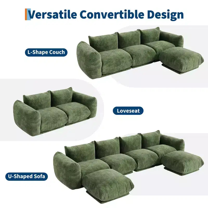 Boneless Love Seat Sofa - No Assembly Required, 75.2 Plush Chenille Cloud Couch with 23.2 Deep Seat for Small Spaces (Green)