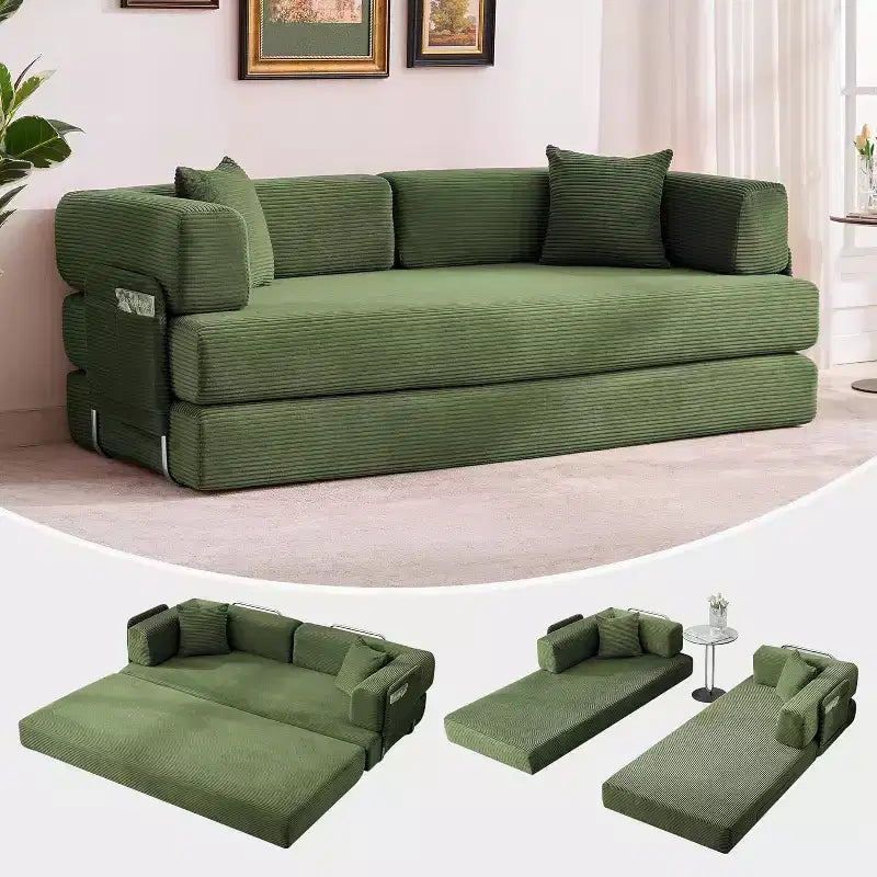 Convertible Sleeper Sofa Bed, 78.8 Floor Sofa Bed, 5-in-1 Folding Mattress Couch Loveseat with Fixed-Shape Frame, Pillow, Corduroy Fabric