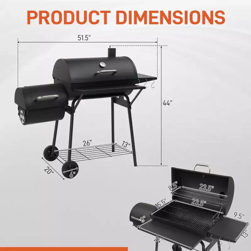 ROVSUN Barrel Charcoal Grill with Offset Smoker, Built-in Lifting Carbon Mesh, Large Charcoal Barbecue Smoker Grill Combo 52  20  44 inch