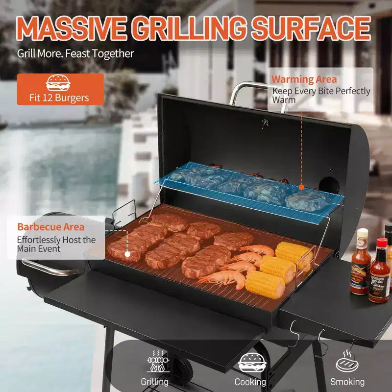 ROVSUN Barbecue tonneau au charbon de bois avec fumoir déporté, grille à charbon élévatrice intégrée, grand barbecue fumoir combiné 132 x 51 x 112 cm