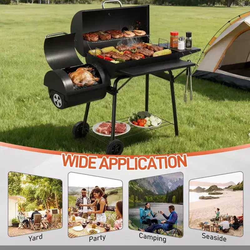ROVSUN Barbecue tonneau au charbon de bois avec fumoir déporté, grille à charbon élévatrice intégrée, grand barbecue fumoir combiné 132 x 51 x 112 cm