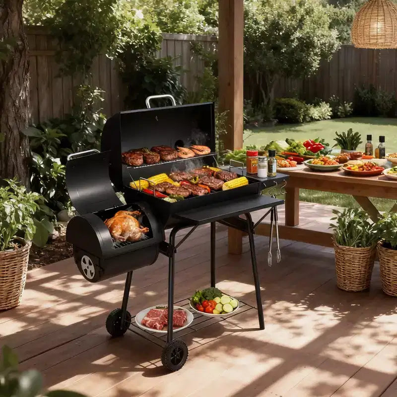 ROVSUN Barbecue tonneau au charbon de bois avec fumoir déporté, grille à charbon élévatrice intégrée, grand barbecue fumoir combiné 132 x 51 x 112 cm