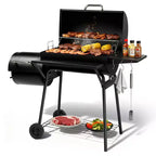 ROVSUN Barbecue tonneau au charbon de bois avec fumoir déporté, grille à charbon élévatrice intégrée, grand barbecue fumoir combiné 132 x 51 x 112 cm