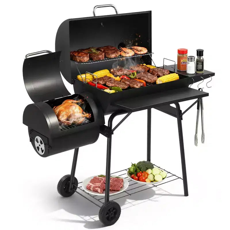 ROVSUN Barbecue tonneau au charbon de bois avec fumoir déporté, grille à charbon élévatrice intégrée, grand barbecue fumoir combiné 132 x 51 x 112 cm
