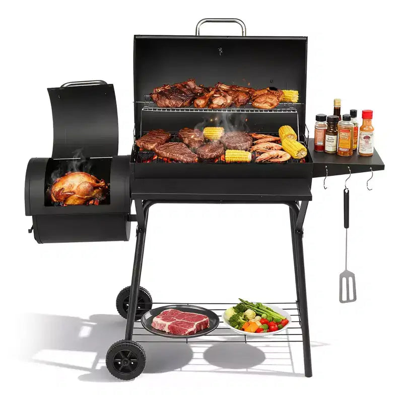 ROVSUN Barbecue tonneau au charbon de bois avec fumoir déporté, grille à charbon élévatrice intégrée, grand barbecue fumoir combiné 132 x 51 x 112 cm