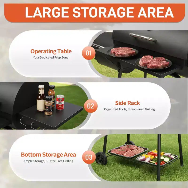 ROVSUN Barbecue tonneau au charbon de bois avec fumoir déporté, grille à charbon élévatrice intégrée, grand barbecue fumoir combiné 132 x 51 x 112 cm