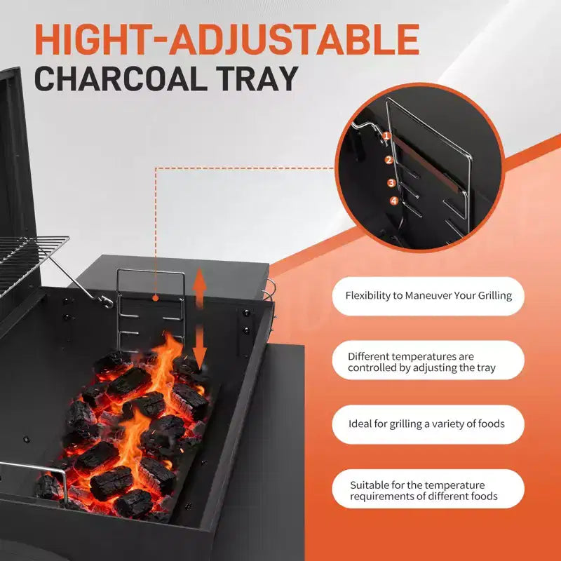 ROVSUN Barbecue tonneau au charbon de bois avec fumoir déporté, grille à charbon élévatrice intégrée, grand barbecue fumoir combiné 132 x 51 x 112 cm