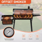 ROVSUN Barbecue tonneau au charbon de bois avec fumoir déporté, grille à charbon élévatrice intégrée, grand barbecue fumoir combiné 132 x 51 x 112 cm