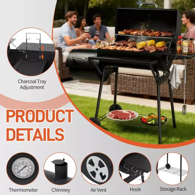 ROVSUN Barbecue tonneau au charbon de bois avec fumoir déporté, grille à charbon élévatrice intégrée, grand barbecue fumoir combiné 132 x 51 x 112 cm