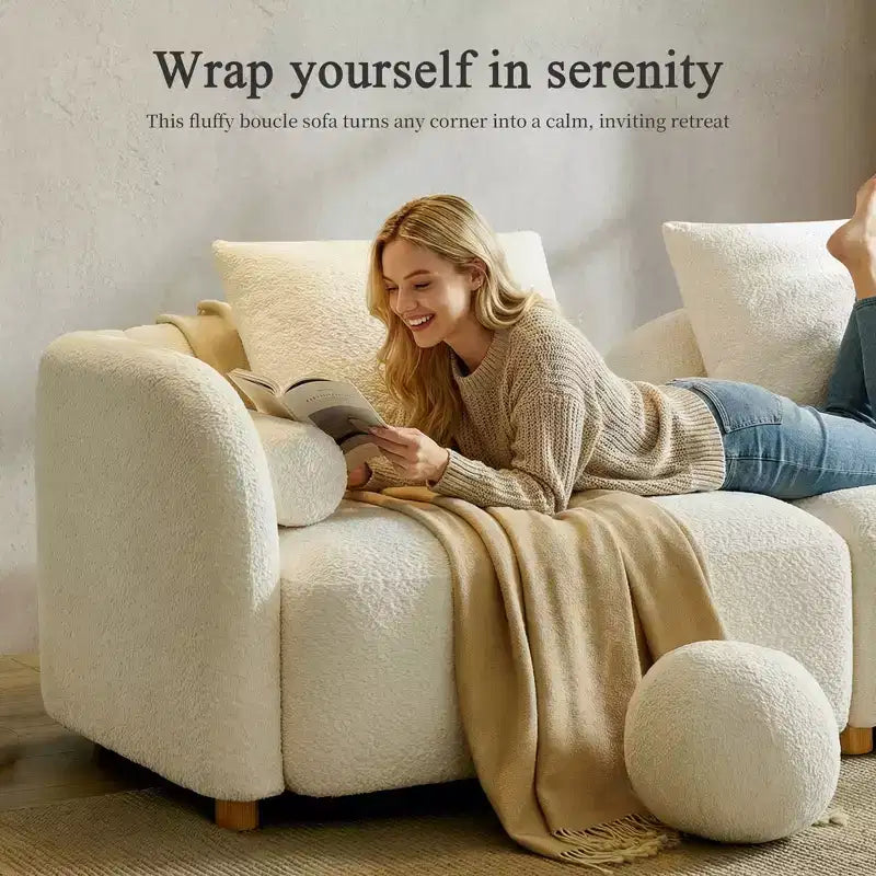 Modern Boucle Sofa with Extra-Thick Plush Cushion and Deeper Seat, 91.75W, Beige, Solid Wood Legs,Morden Fort