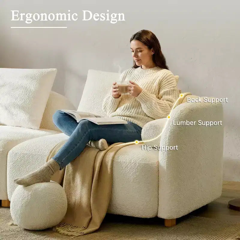 Modern Boucle Sofa with Extra-Thick Plush Cushion and Deeper Seat, 91.75W, Beige, Solid Wood Legs,Morden Fort