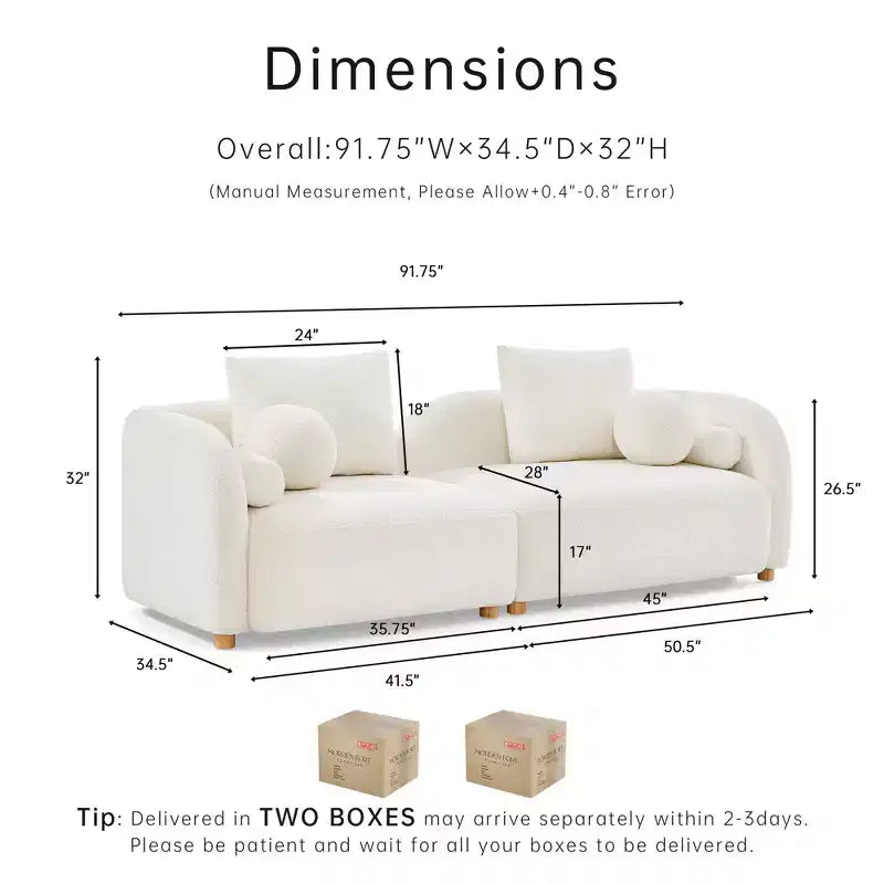 Modern Boucle Sofa with Extra-Thick Plush Cushion and Deeper Seat, 91.75W, Beige, Solid Wood Legs,Morden Fort