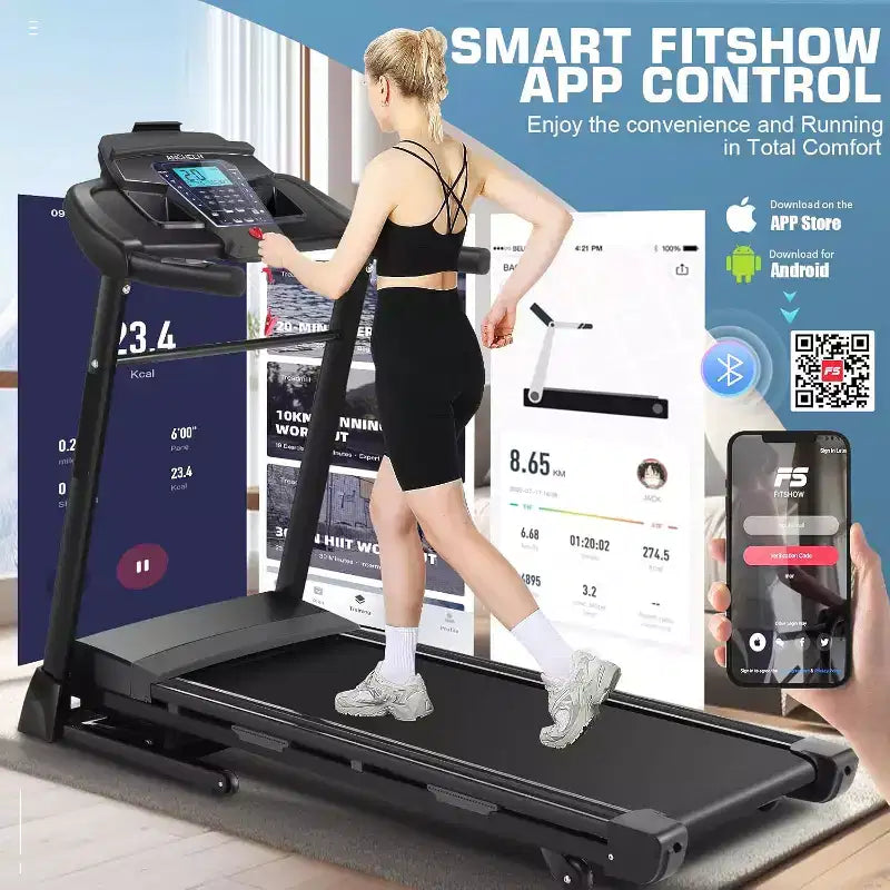 KRISRATE Treadmill with 15% Auto Incline & Large LED Display & Smart App & Bluetooth Speaker, 4.5HP Heavy Duty Folding Treadmill for Home Gym