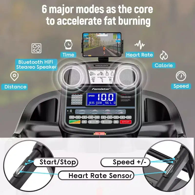 Folding Treadmill with Auto Incline, 300 lb Capacity, 0.6-12 MPH Speed, Heart Rate Monitor, App Control & Bluetooth Audio for Home Use