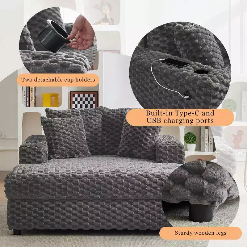 60 Inch Chaise Lounge sofa, Upholstered Sleeper Sofa Bed with Throw Pillows & Armrests, Comfy Reading sofa for Living Room and Bedroom