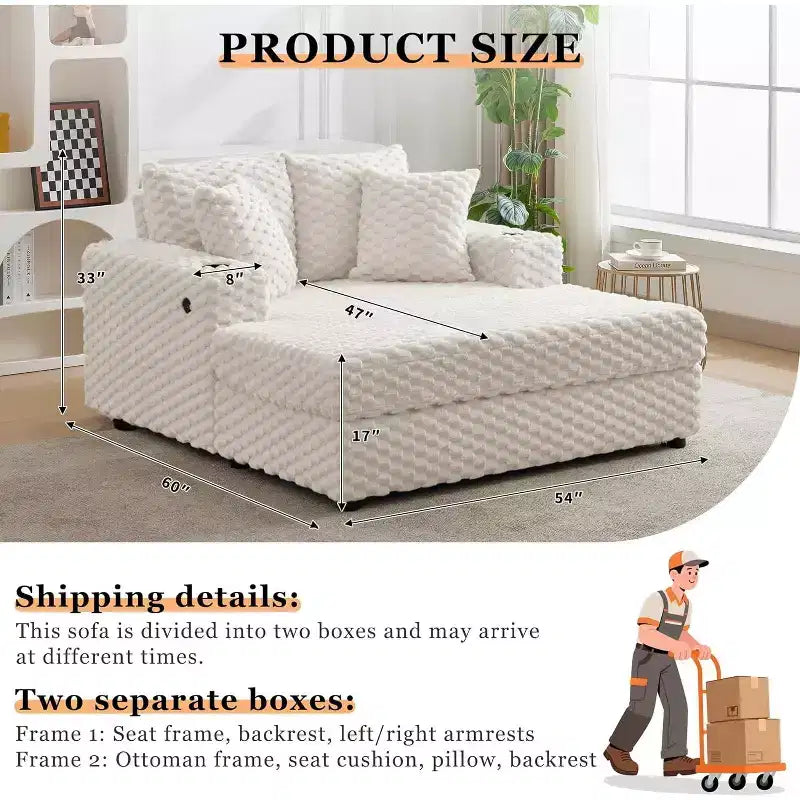 60 Inch Chaise Lounge sofa, Upholstered Sleeper Sofa Bed with Throw Pillows & Armrests, Comfy Reading sofa for Living Room and Bedroom