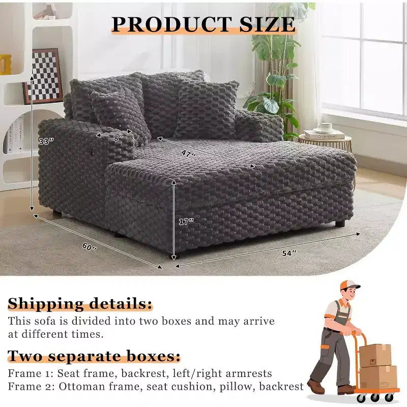 60 Inch Chaise Lounge sofa, Upholstered Sleeper Sofa Bed with Throw Pillows & Armrests, Comfy Reading sofa for Living Room and Bedroom
