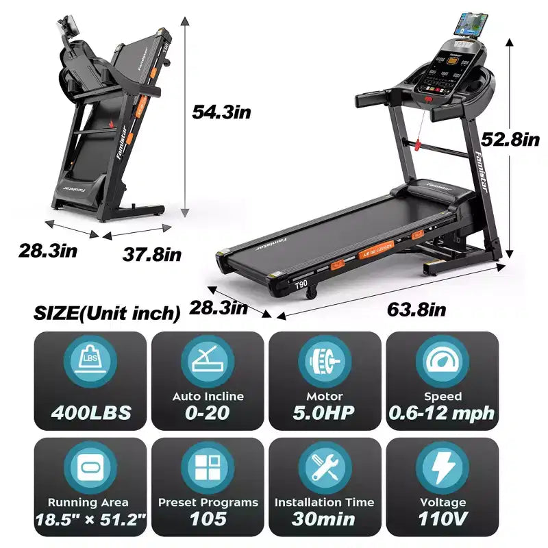 Tapis Roulant Pliable avec Inclinaison de 20%, Tapis Roulant Rapide 19 km/h avec 105 Programmes pour la Course à Pied et la Marche à Domicile, Connecté à l'Application, Bande Plus Large, Charge Maximale 180 kg