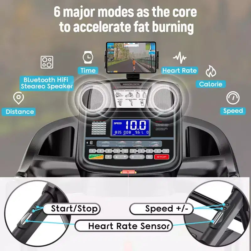 Tapis de course pliable avec inclinaison automatique, vitesse de 0,6 à 12 MPH, moteur haute performance, surface de course à 7 couches, capacité de 145 kg pour les entraînements à domicile et en appartement