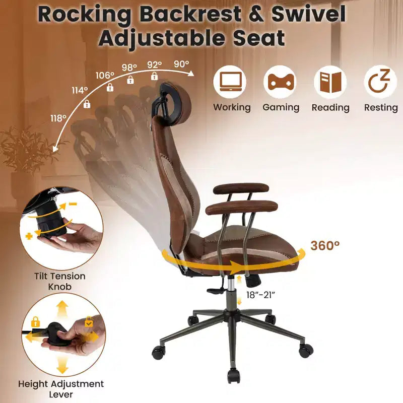 Chaise de bureau ergonomique Costway avec appui-tête 2D, dossier inclinable et roulettes, chaise de jeu bleue/marron et beige/grise et bleue