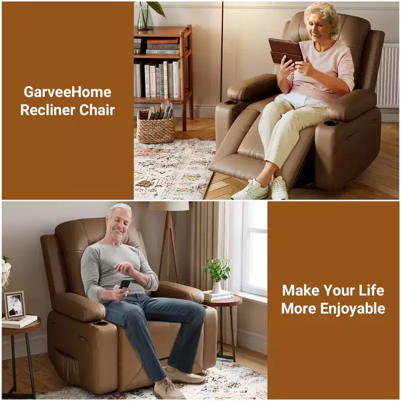 Fauteuil inclinable électrique grand format pour personnes âgées, siège extra large, massage chauffant, canapé électrique en similicuir avec porte-gobelets et poches latérales, beige