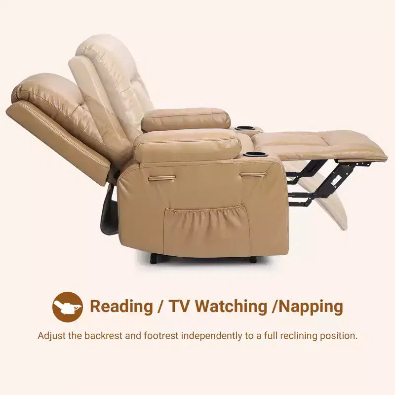 Fauteuil inclinable électrique grand format pour personnes âgées, siège extra large, massage chauffant, canapé électrique en similicuir avec porte-gobelets et poches latérales, beige