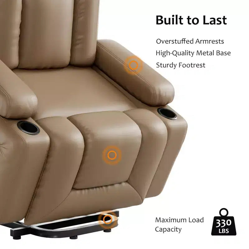 Fauteuil inclinable électrique grand format pour personnes âgées, siège extra large, massage chauffant, canapé électrique en similicuir avec porte-gobelets et poches latérales, beige