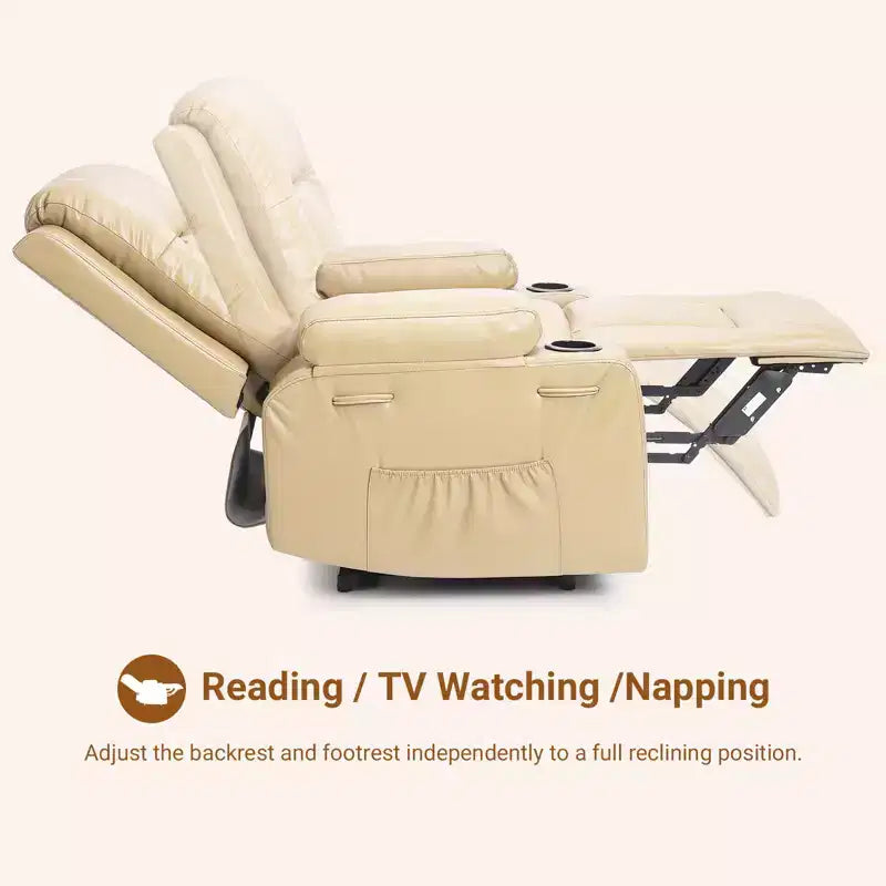 Fauteuil inclinable électrique grand format pour personnes âgées, siège extra large, massage chauffant, canapé électrique en similicuir avec porte-gobelets et poches latérales, beige