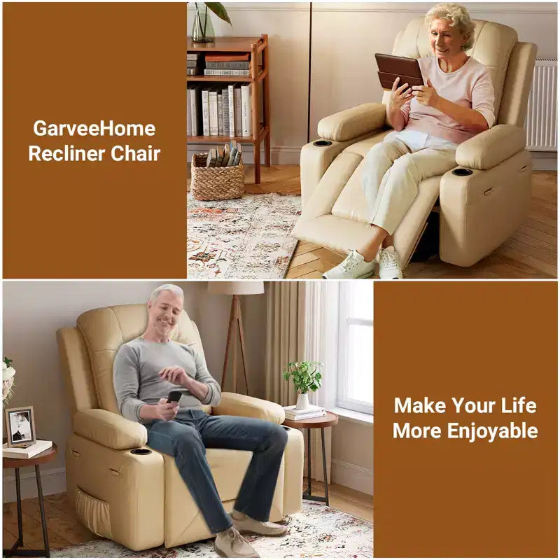 Fauteuil inclinable électrique grand format pour personnes âgées, siège extra large, massage chauffant, canapé électrique en similicuir avec porte-gobelets et poches latérales, beige