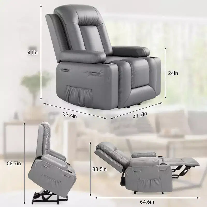 Fauteuil inclinable électrique grand format pour personnes âgées, siège extra large, massage chauffant, canapé électrique en similicuir avec porte-gobelets et poches latérales, beige