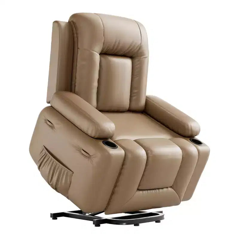 Oversized Power Lift Recliner Chair for Seniors  Extra Wide Seat, Heated Massage, Faux Leather Electric Sofa with Cup Holders & Side Pockets, Beige