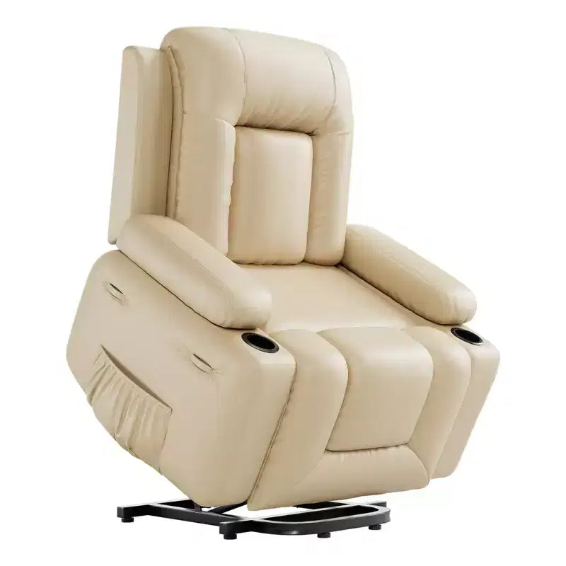 Oversized Power Lift Recliner Chair for Seniors  Extra Wide Seat, Heated Massage, Faux Leather Electric Sofa with Cup Holders & Side Pockets, Beige