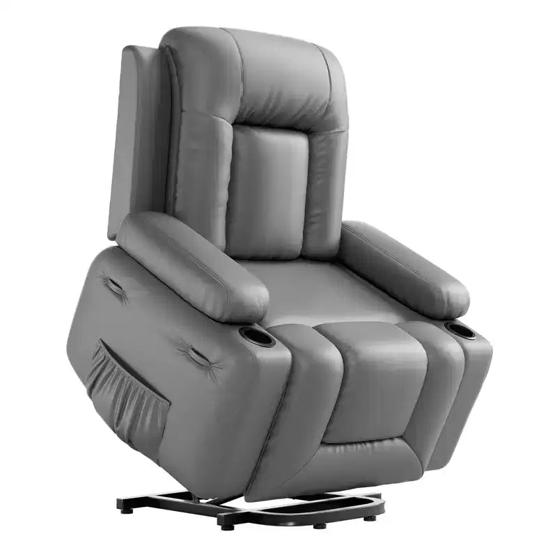 Oversized Power Lift Recliner Chair for Seniors  Extra Wide Seat, Heated Massage, Faux Leather Electric Sofa with Cup Holders & Side Pockets, Beige