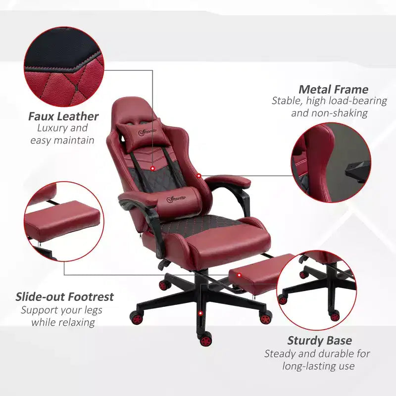TUYOHW Chaise de Bureau Gaming Pivotante à 360°, avec Dossier Inclinable, Hauteur d'Assise et Repose-Pieds Réglables, Chaise de Bureau Ergonomique pour Jeux Vidéo 17-21, Rouge