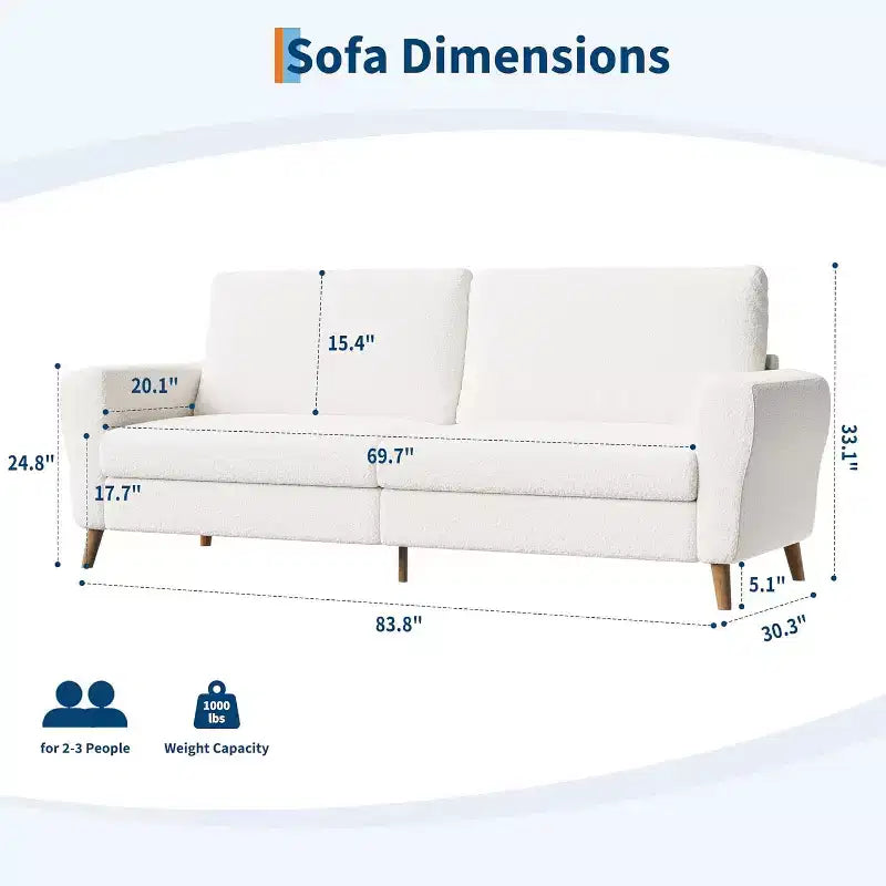 3 Seater Sofa with Wide Armrests, Wood Legs, Deep Seats, Mid-Century Modern Loveseat Sofa for Small Spaces, Easy Assembly