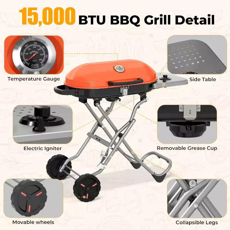 Barbecue portatif au propane ZAFRO, gril d'extérieur pliable de 15 000 BTU avec une surface de cuisson de 2 245 cm² pour le camping, les barbecues, les fêtes, le jardin, les sorties à la plage