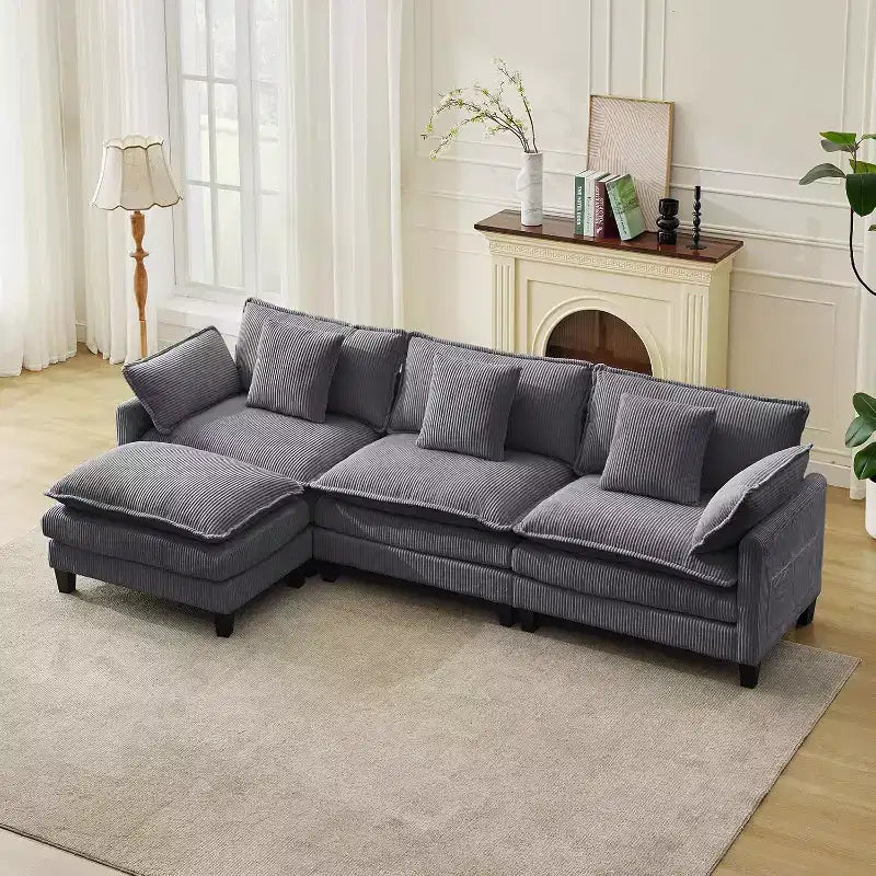 Canapé modulable en forme de L 95, canapé Cloud en tissu, canapé profond 4 places en chenille avec coussin lombaire et pouf mobile pour salon