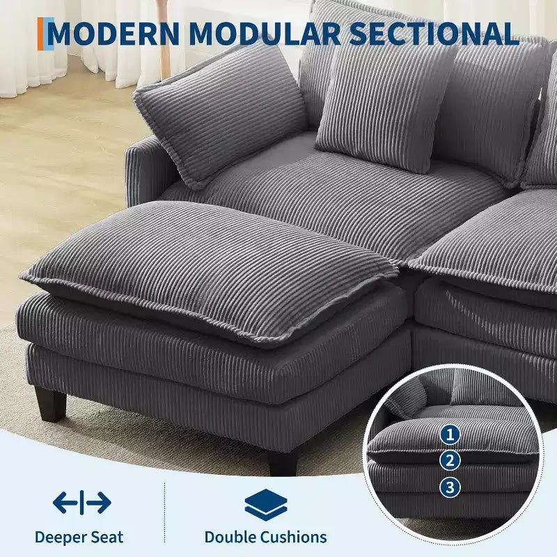 Canapé modulable en forme de L 95, canapé Cloud en tissu, canapé profond 4 places en chenille avec coussin lombaire et pouf mobile pour salon
