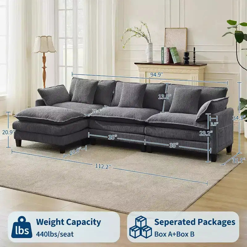 Canapé modulable en forme de L 95, canapé Cloud en tissu, canapé profond 4 places en chenille avec coussin lombaire et pouf mobile pour salon
