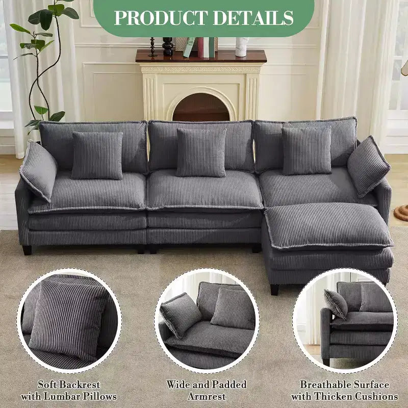Canapé modulable en forme de L 95, canapé Cloud en tissu, canapé profond 4 places en chenille avec coussin lombaire et pouf mobile pour salon