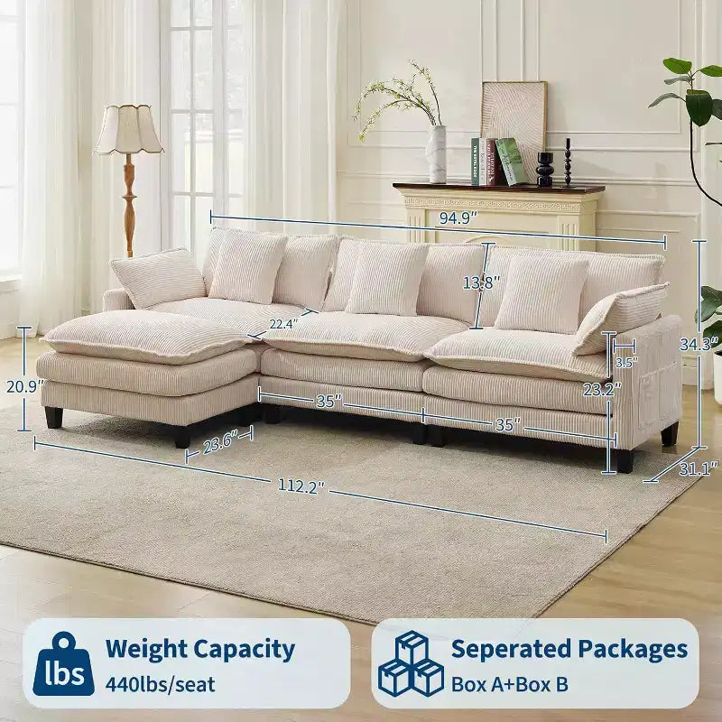 Canapé modulable en forme de L 95, canapé Cloud en tissu, canapé profond 4 places en chenille avec coussin lombaire et pouf mobile pour salon