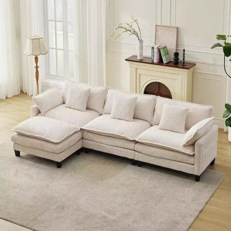 Canapé modulable en forme de L 95, canapé Cloud en tissu, canapé profond 4 places en chenille avec coussin lombaire et pouf mobile pour salon