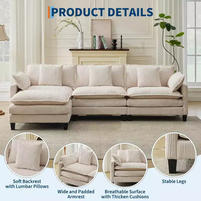 Canapé modulable en forme de L 95, canapé Cloud en tissu, canapé profond 4 places en chenille avec coussin lombaire et pouf mobile pour salon