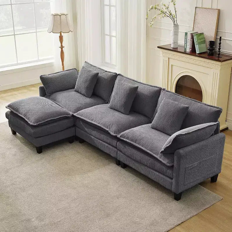 Modular Sectional Sofa 95 Sectional Cloud Couch, 4-Seat Chenille Deep Seat Sofa with Lumbar Pillow & Movable Ottoman for Living Room