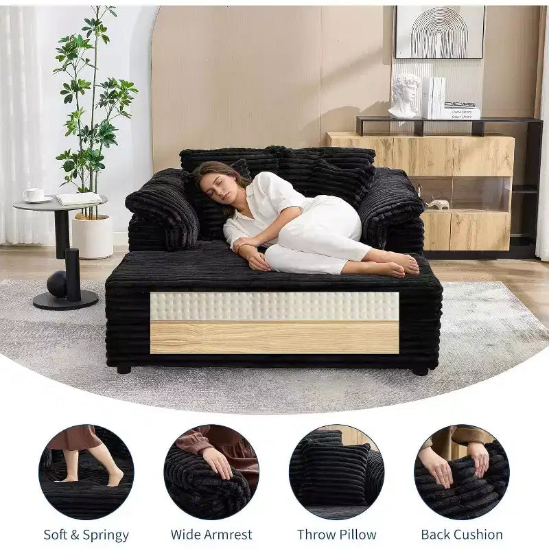 Oversized Chaise sofa Indoor, Comfy Corduroy Lounge Sofa , Wide Armrest Pads & Throw Pillows, Cozy Sleeper Couch for Living Room Apartments